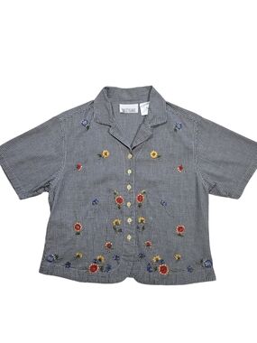 VINTAGE CASEY & MAX Gingham Shirt M Black White Floral Embroidery Cottagecore